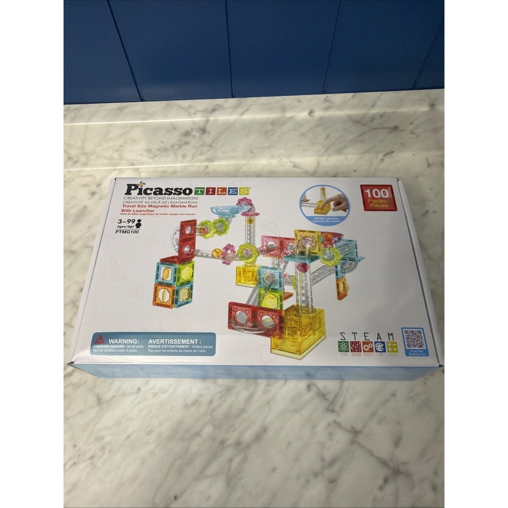 Picasso Tiles Travel Size 100pc MAGNETIC MARBLE RUN Construction Set w/Launcher